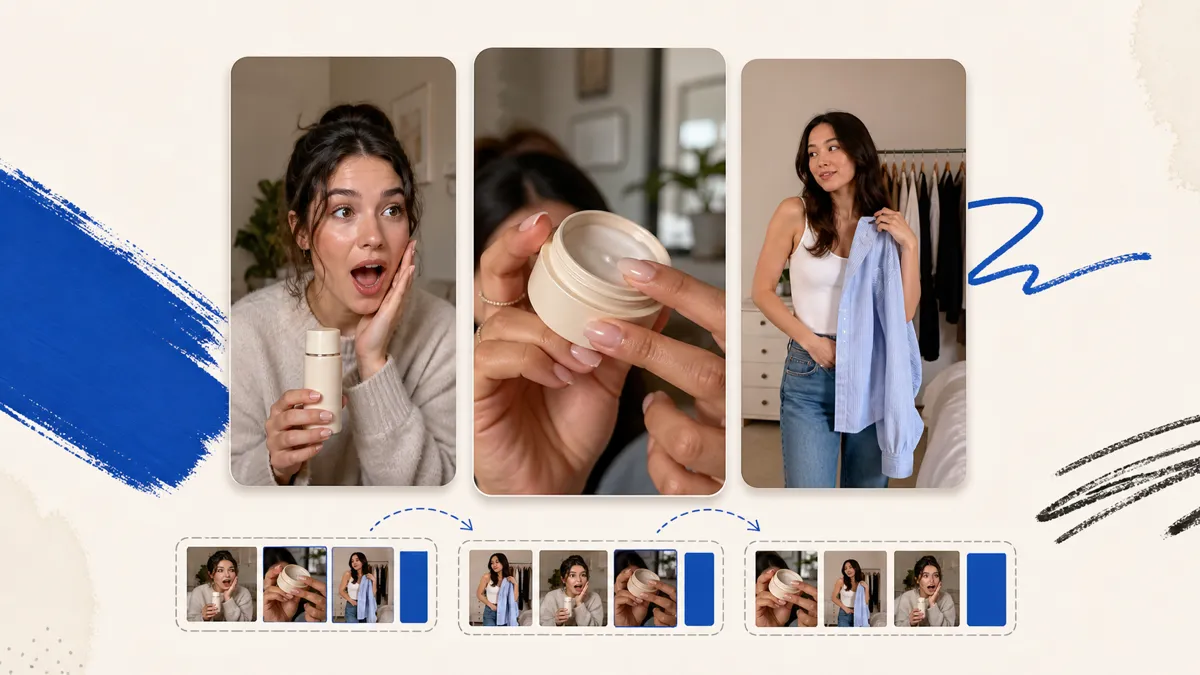 Three modular UGC clip formats — a creator reaction, a product demonstration, and an outfit video — arranged into multiple edit sequences