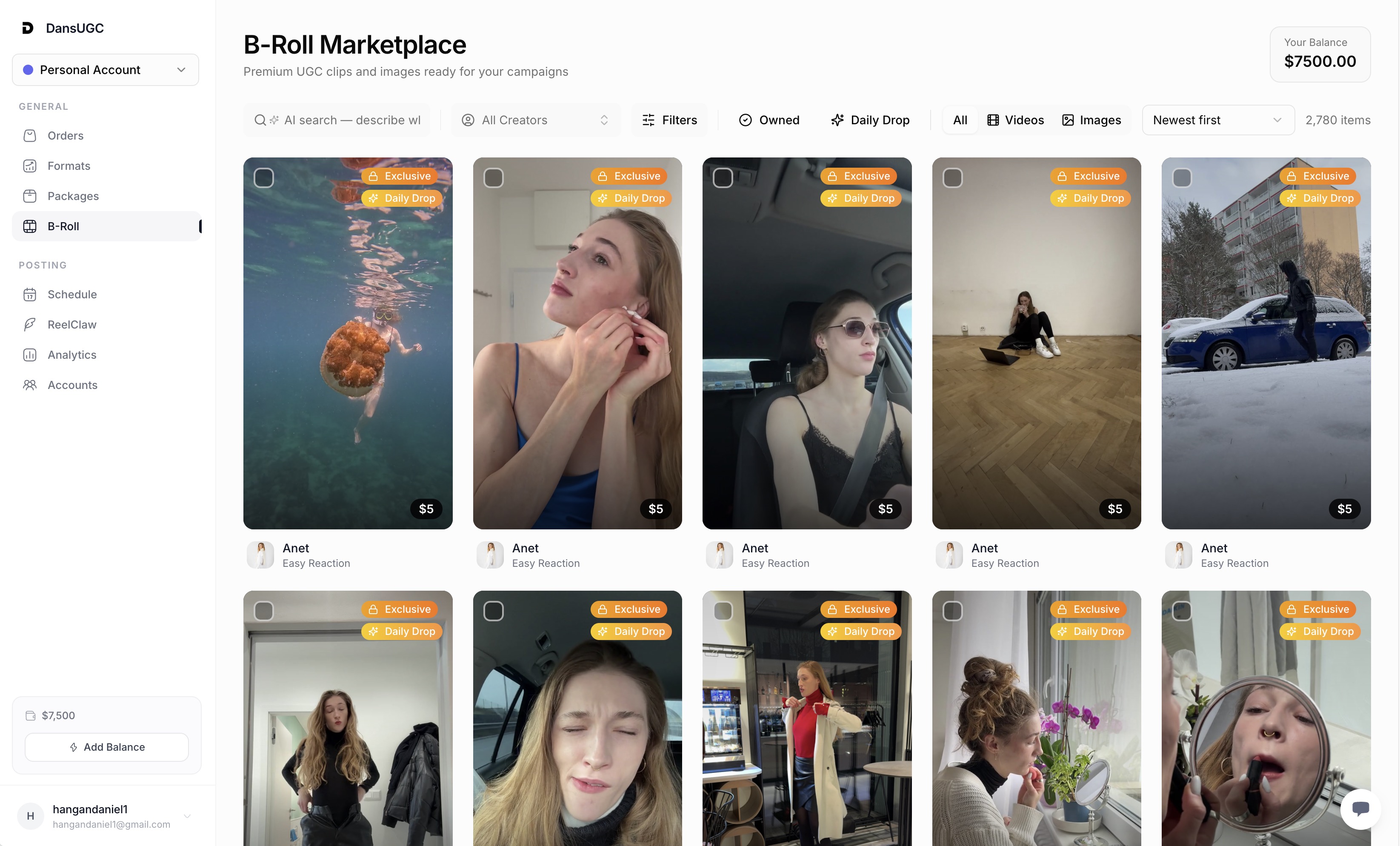 The DansUGC B-roll marketplace showing a library of creator clips